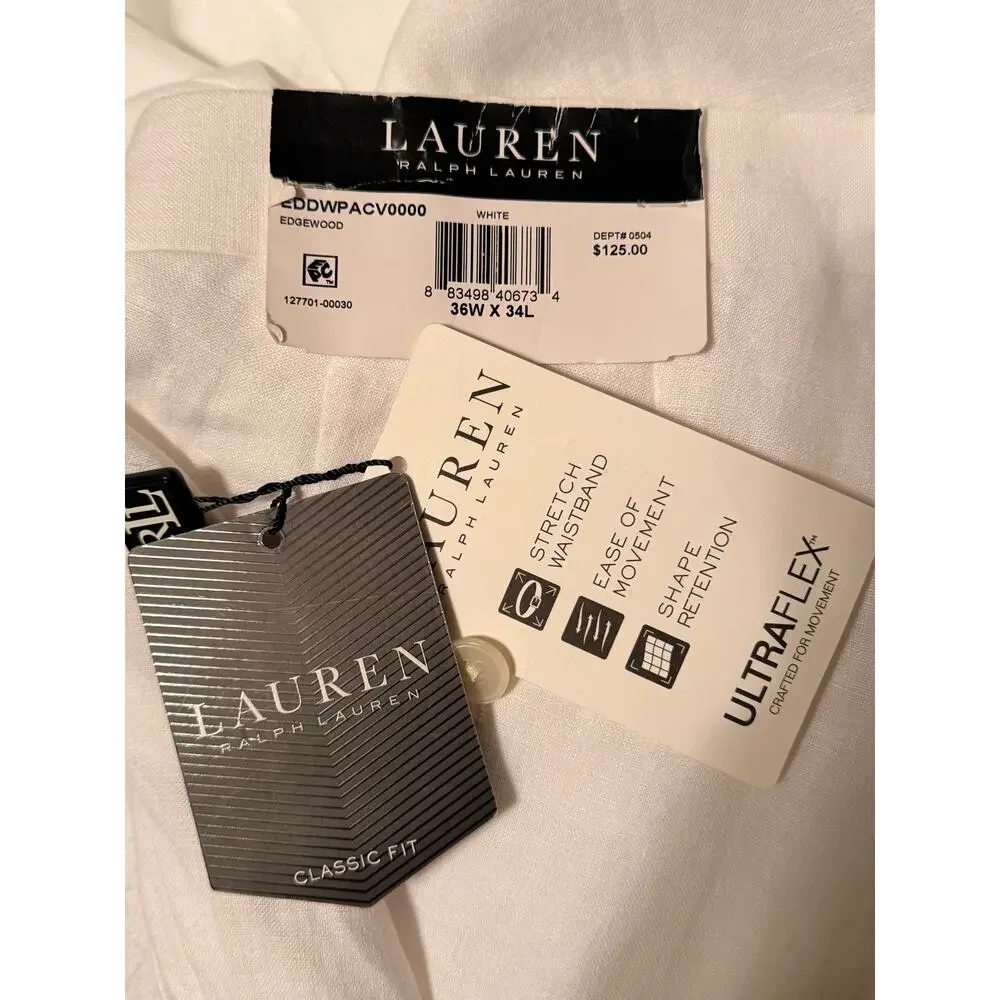 Ralph Lauren Men's Size 36 X 34 White 100% Linen Classic Fit Pants New